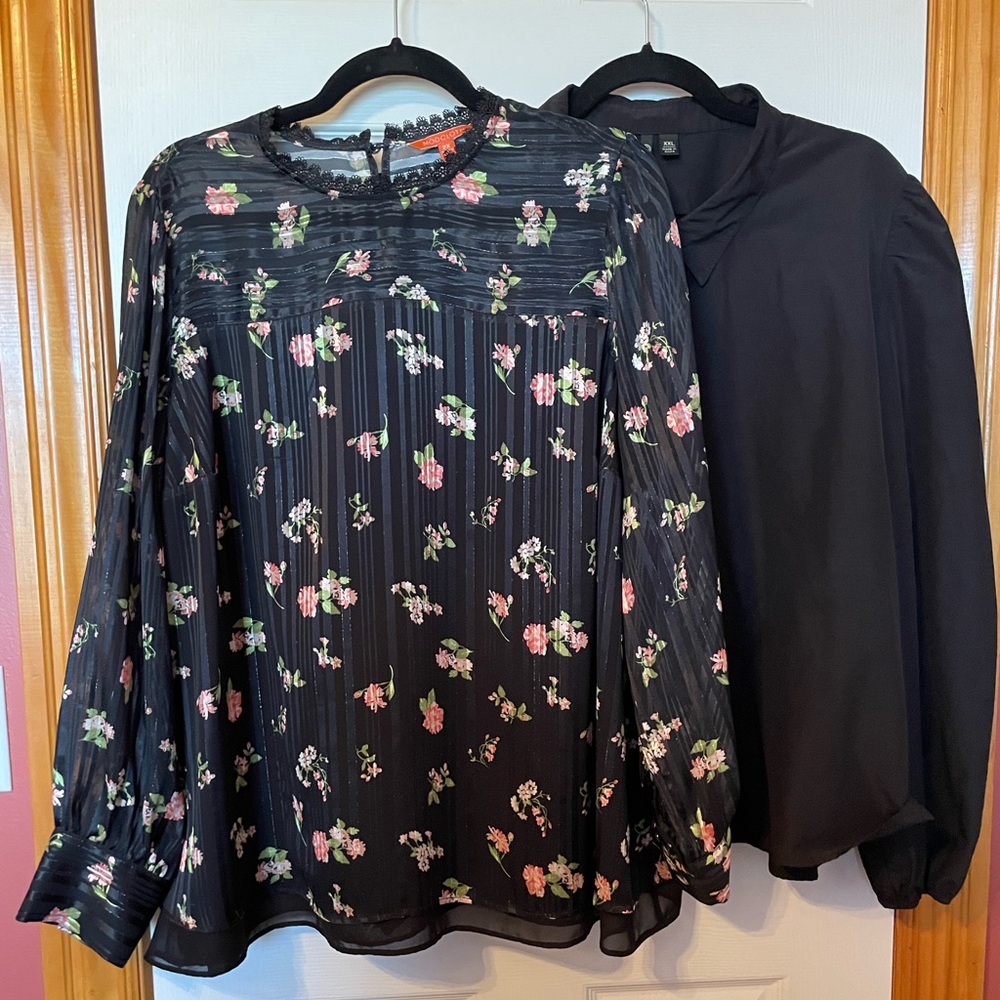 XXL (2X) work shirts ModCloth black floral metallic stripe & Versona button down